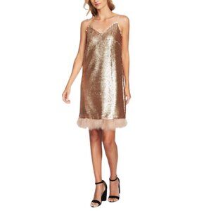 CeCe Bohemian Luxe Blush Gold Sequined Feather-Trim Slip Dress Sz 2